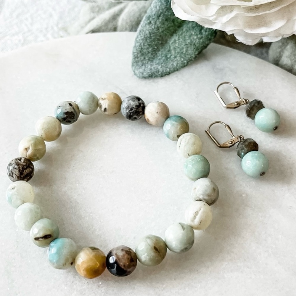 Amazonite natural multi-colored gemstone stretch bracelet and matching earrings